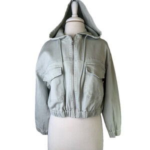 Wallflower Womens XL Boho Crop Utility Full Zip Hoodie Denim Jacket Pastel Green